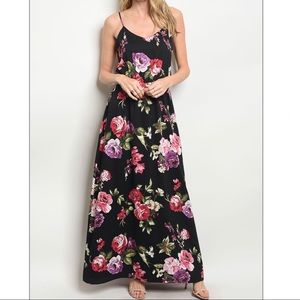 Everly Black Floral Maxi Dress | Adjustable Strap V Neck Stretch Waist Dress